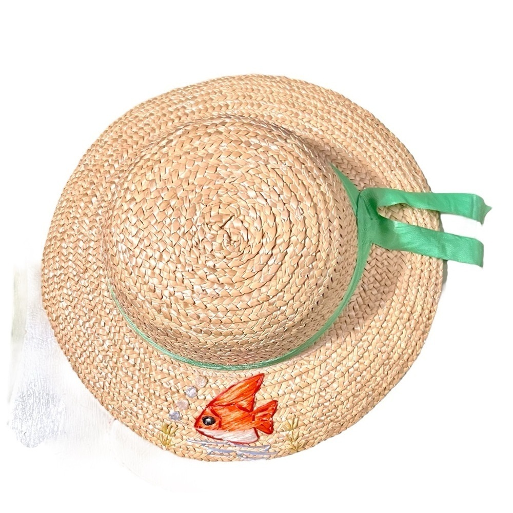 Straw Hat With Fish Embroidery Girls